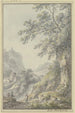 View in a mountain landscape with a castle in the foreground a hollow path with three figures - Johann Heinrich Müntz — artwork view
