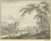 Landscape painting with a bridge and a tower on the right under a tree, a couple with a dog - Johann Heinrich Müntz — artwork view