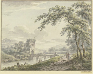 Landscape painting with a bridge and a tower on the right under a tree, a couple with a dog - Johann Heinrich Müntz — artwork view