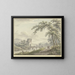 Landscape painting with a bridge and a tower on the right under a tree, a couple with a dog - Johann Heinrich Müntz — framed artwork on a wall