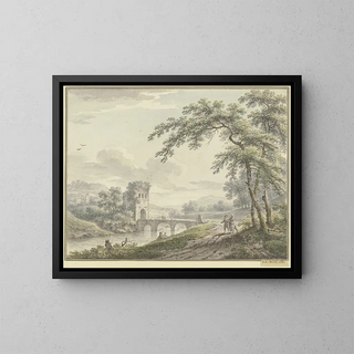 Landscape painting with a bridge and a tower on the right under a tree, a couple with a dog - Johann Heinrich Müntz — framed artwork on a wall