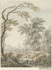 Landscape painting with a waterfall and a church in the distance - Johann Heinrich Müntz — artwork view