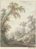 Landscape painting with a small waterfall and a castle in the distance - Johann Heinrich Müntz — artwork view