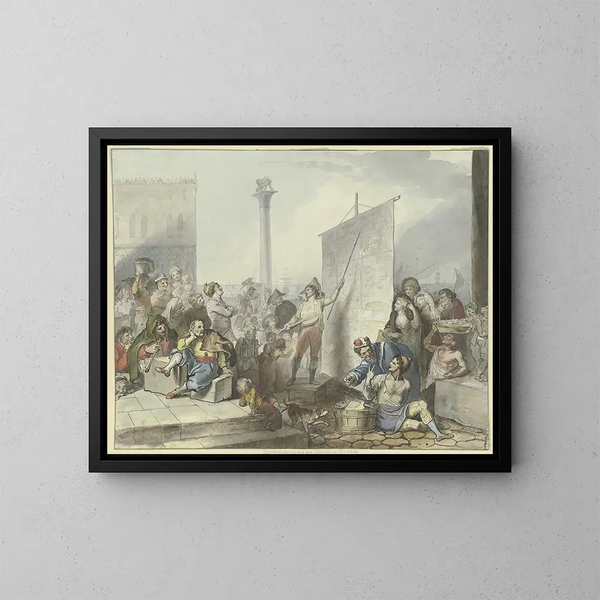 Bâtisseurs sur la Piazetta à Venise - Johann Heinrich Ramberg — framed artwork on a wall
