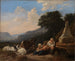 Mountain landscape painting with shepherds near a well - Johann Heinrich Roos — artwork view