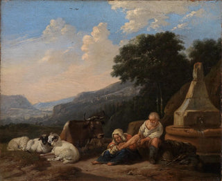 Mountain landscape painting with shepherds near a well - Johann Heinrich Roos — artwork view