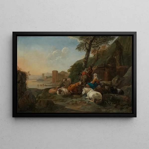 Family of shepherds with herd resting in a southern landscape - Johann Heinrich Roos — framed artwork on a wall