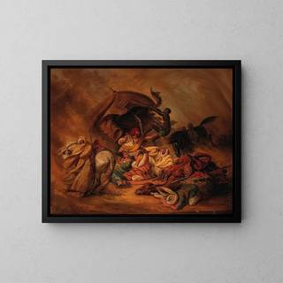 a caravan in the desert during a simoon - Johann Hermann Kretzschmer — framed artwork on a wall