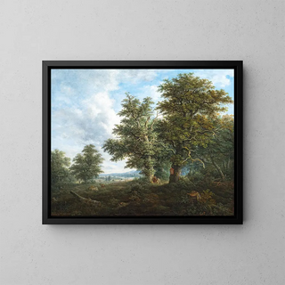 a rolling landscape with a traveler resting under an oak grove - Johann Jacob Dorner — framed artwork on a wall
