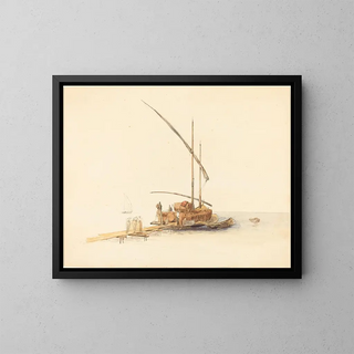 Fûts de vin chargés sur une barge à voile à Vevey - Johann Jacob Ulrich — framed artwork on a wall