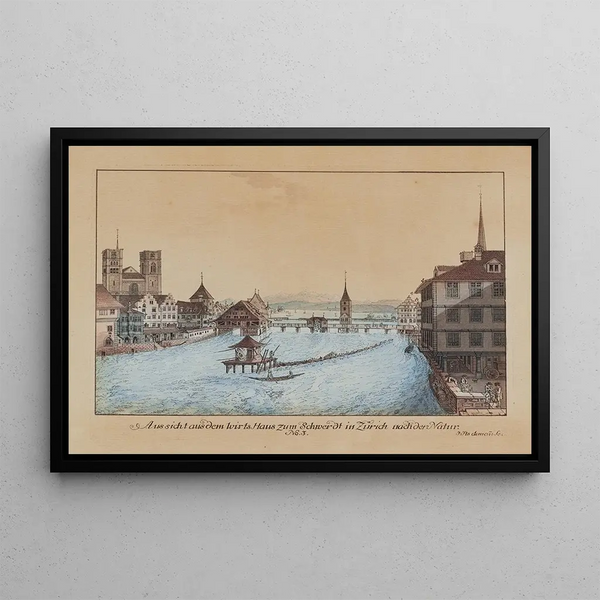 View from the guesthouse Zum Schwerdt in Zurich from nature - Johann Jakob Aschmann — framed artwork on a wall