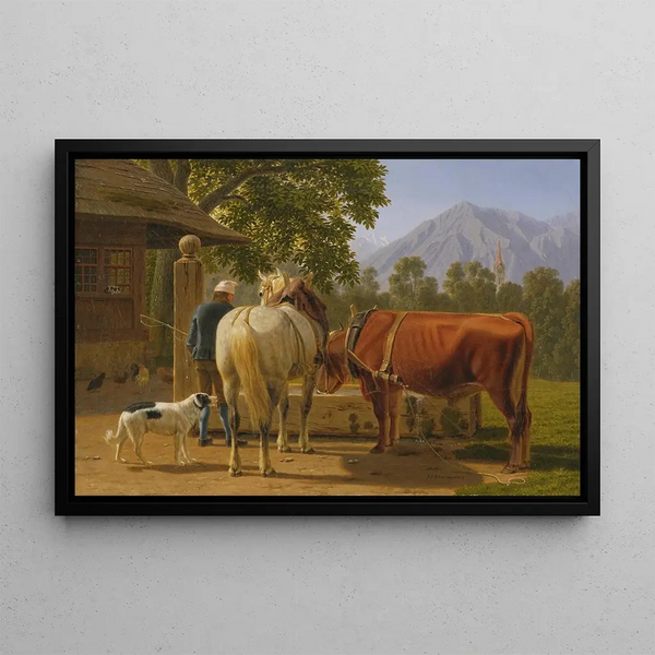 a painting of a horse and a cow at a well with the Niesen mountain in the background - Johann Jakob Biedermann — framed artwork on a wall