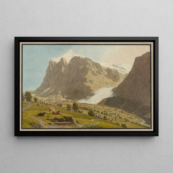 Grindelwald from the west with the Wetterhorn and the upper glacier - Johann Jakob Biedermann — framed artwork on a wall