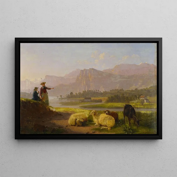 At the edge of the lake near Lucerne with a herd grazing - Johann Jakob Biedermann — framed artwork on a wall