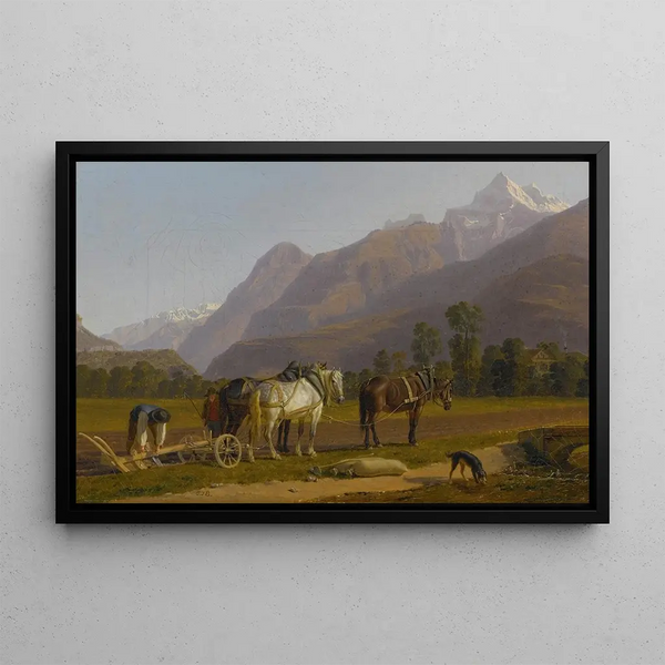 Landscape painting with plowmen and horses in the canton of Valais - Johann Jakob Biedermann — framed artwork on a wall