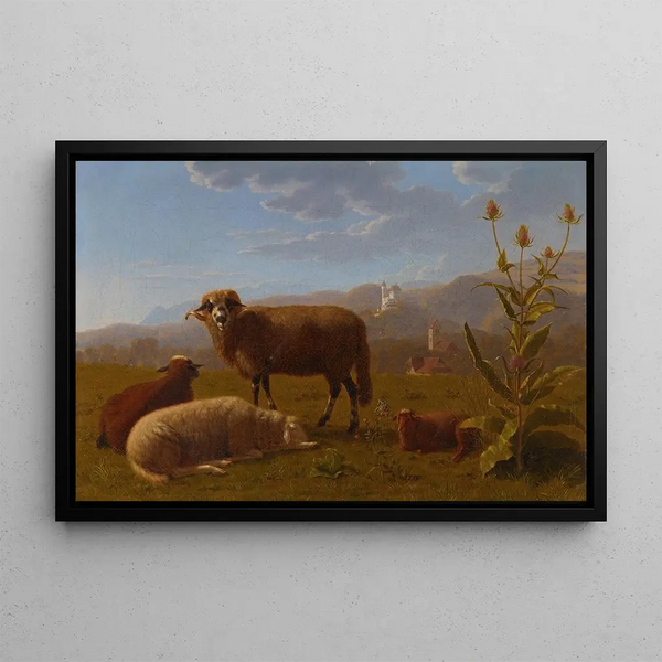 Sheep near Bipp Castle - Johann Jakob Biedermann — framed artwork on a wall