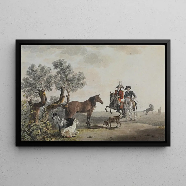 Two horsemen crossing a pasture - Johann Jakob Biedermann — framed artwork on a wall