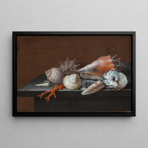 Still life with shells and coral on a table - Johann Jakob Dietzsch — framed artwork on a wall