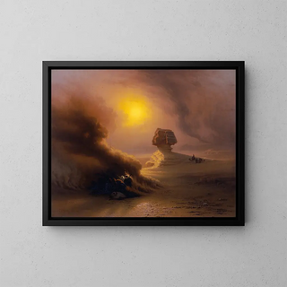 a Caravan Surprise by the Sandstorm in front of the Sphinx - Johann Jakob Frey — framed artwork on a wall