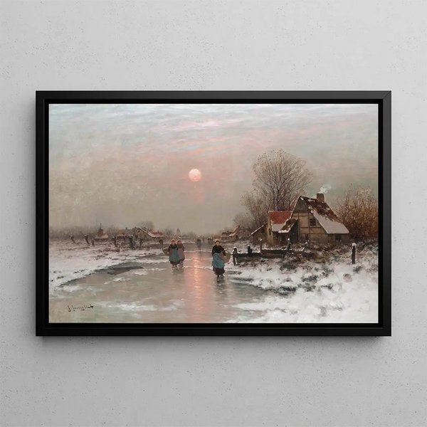 Dutch Peasants Painting on an Icy Waterway at Sunset - Johann Jungblut — framed artwork on a wall