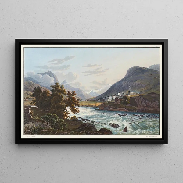 The village of Splügen towards the Rheinwald glacier - Johann Ludwig Bleuler — framed artwork on a wall