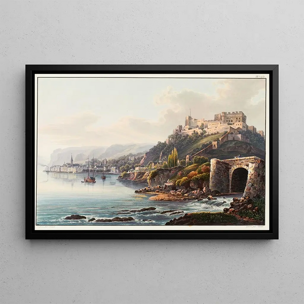 Vue de St. Goar et de la ruine de Rheinfels vers le rocher de Loreley - Johann Ludwig Bleuler — framed artwork on a wall