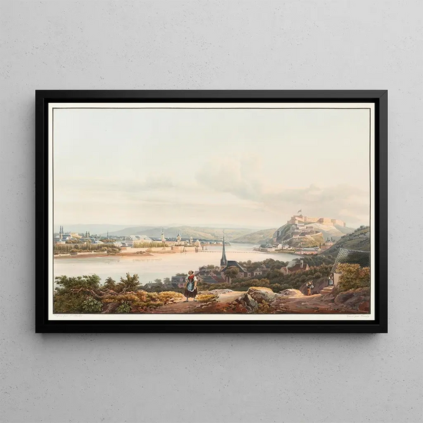 the View of the city of Koblenz and Ehrenbreitstein Fortress - Johann Ludwig Bleuler — framed artwork on a wall