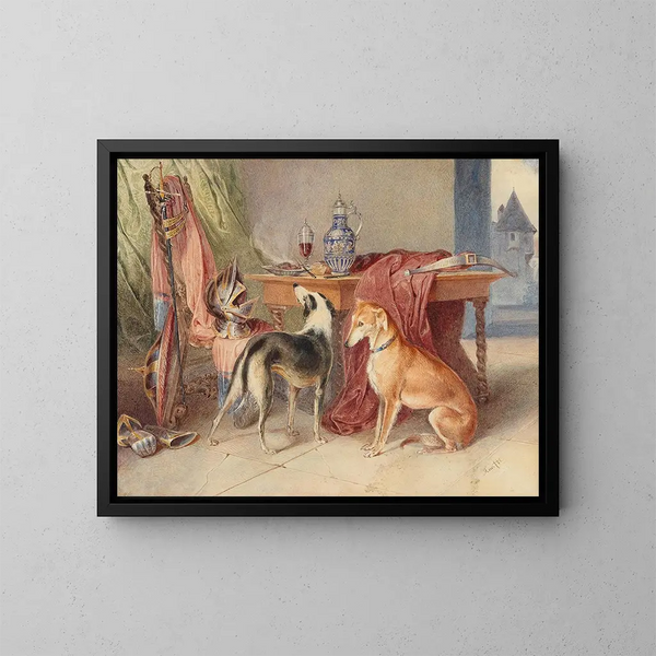 an interior with greyhounds and a still life with armor pieces - Johann Matthias Ranftl — framed artwork on a wall