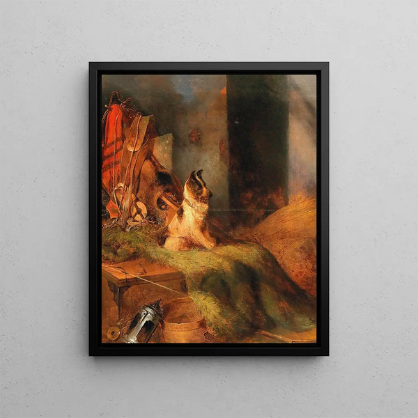 Dog in the harness room - Johann Matthias Ranftl — framed artwork on a wall