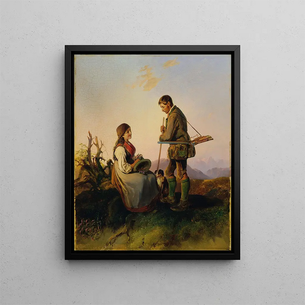 Hunter and girl, the greeting of love - Johann Matthias Ranftl — framed artwork on a wall