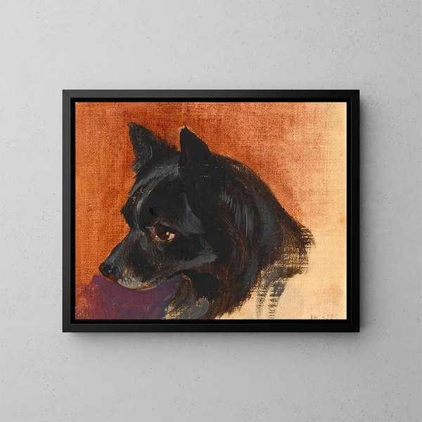 Head of a Small Black Dog - Johann Matthias Ranftl — framed artwork on a wall
