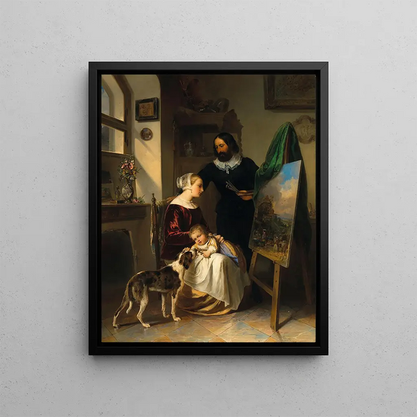 La famille du peintre dans son atelier - Johann Matthias Ranftl — framed artwork on a wall