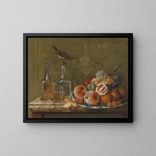 Still life with fruits and glass carafes - Johann Matthias Wurzer — framed artwork on a wall