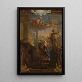 Johann Michael Rottmayr - Aeneas rescues his father Anchises from the burning Troy Vulcan in the sky on his chariot.webp