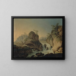 Landscape with waterfall and fishermen - Johann Nepomuk Wocher — framed artwork on a wall
