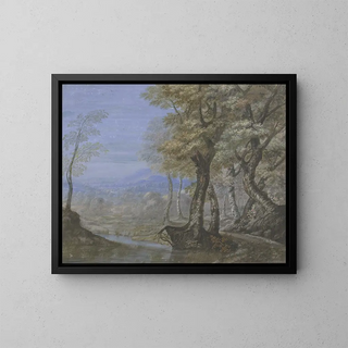 Summer landscape painting with a view through a beech forest - Johann Nikolaus Gassner — framed artwork on a wall
