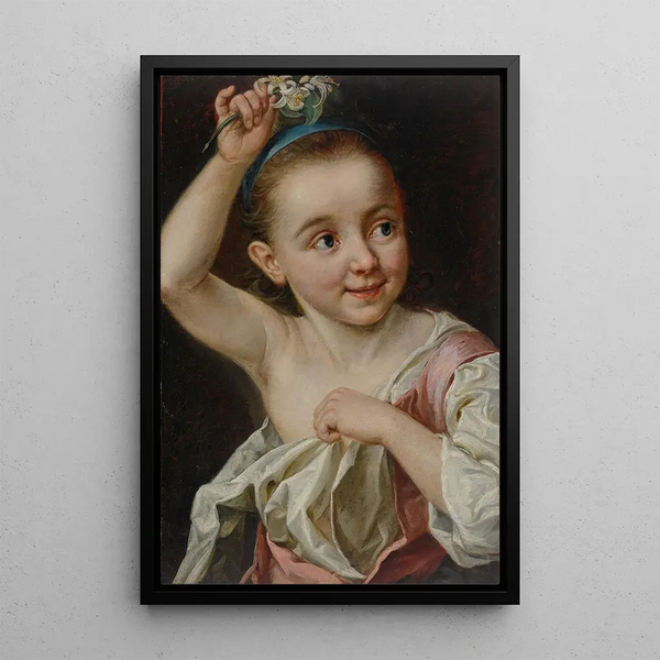 Young girl holding a flower - Johann Nikolaus Grooth — framed artwork on a wall