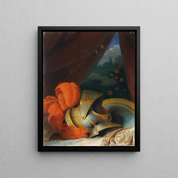 Helmet and round shield Study perhaps detailed of the baptism of Chlorindens - Johann Peter Krafft — framed artwork on a wall
