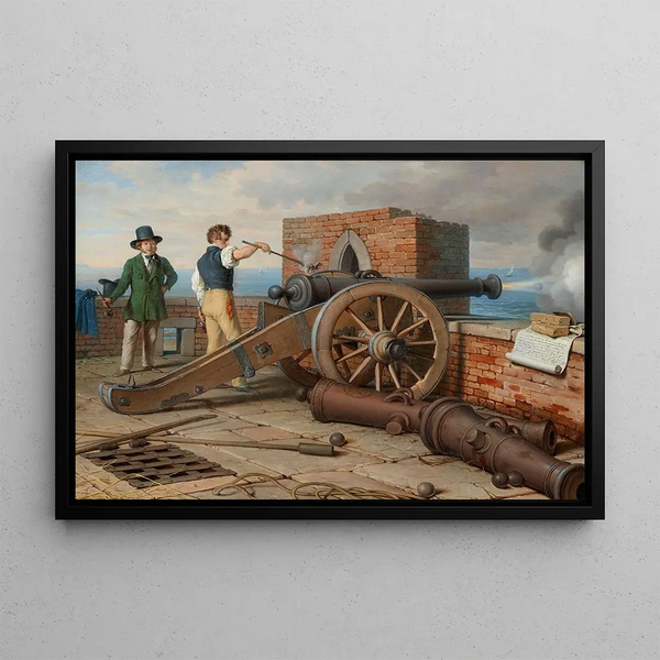 Friends artists firing a cannon shot at the fortress Michele near Ostia, Ferdinand Jagemann and Peter Krafft - Johann Peter Krafft — framed artwork on a wall