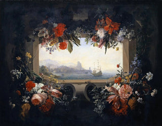 Flower Still Life in a Cartouche with a Garland and View of a Seaport - Johann Rudolf Bys — artwork view