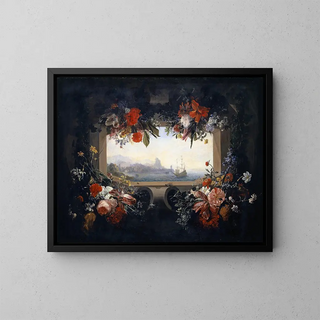 Flower Still Life in a Cartouche with a Garland and View of a Seaport - Johann Rudolf Bys — framed artwork on a wall