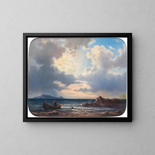 A fishing boat on the shore with seagulls - Johann Rudolf Rapp — framed artwork on a wall