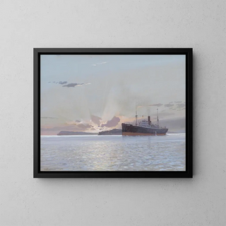 Steamship entering - Johann Seitz — framed artwork on a wall