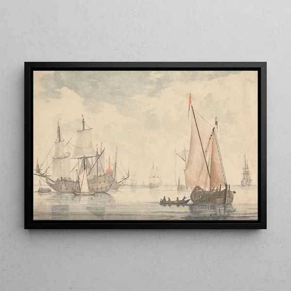Marine landscape with frigate and sailboats - Johann Teyler — framed artwork on a wall