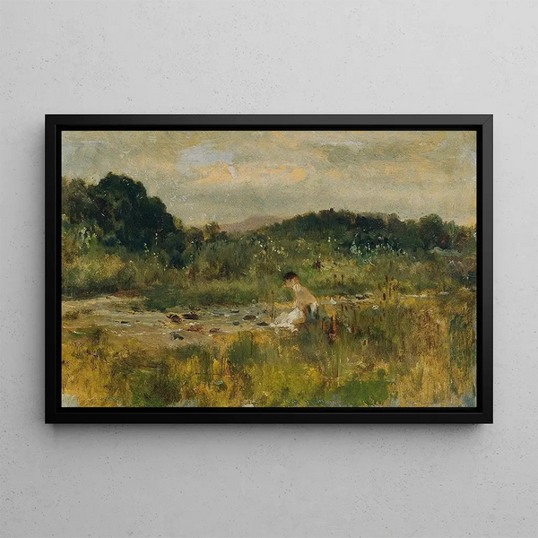 River landscape painting with seated girl - Johann Till the Younger — framed artwork on a wall