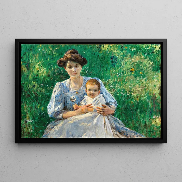 A mother with child in the meadow - Johann Victor Krämer — framed artwork on a wall