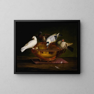 Les Quatre Pigeons - Johann Wenzel Peter — framed artwork on a wall