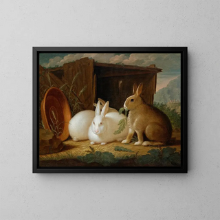 Trois lapins dans un paysage - Johann Wenzel Peter — framed artwork on a wall