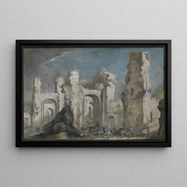 Ruins romaines avec attaque - Johann Wilhelm Baur — framed artwork on a wall