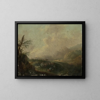 Landscape painting with a shepherd resting - Johann Wilhelm Becker — framed artwork on a wall